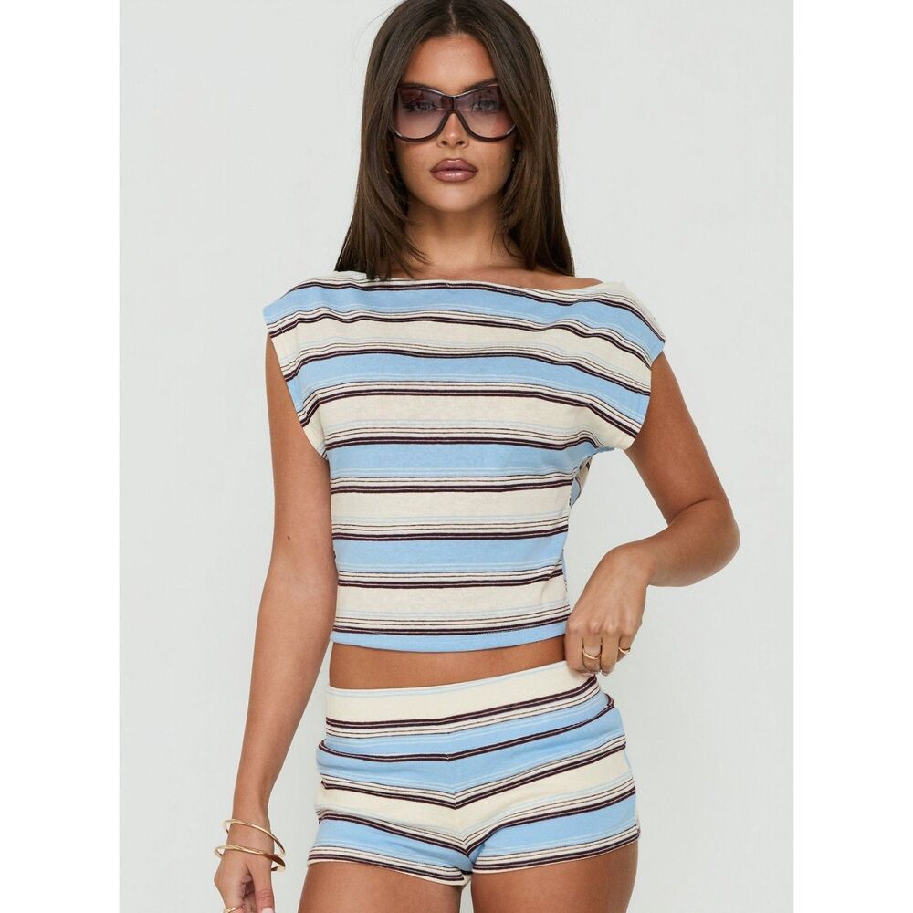 NWT Princess Polly Jacintah Off Shoulder Top + Micro Shorts Set Blue Stripe 4